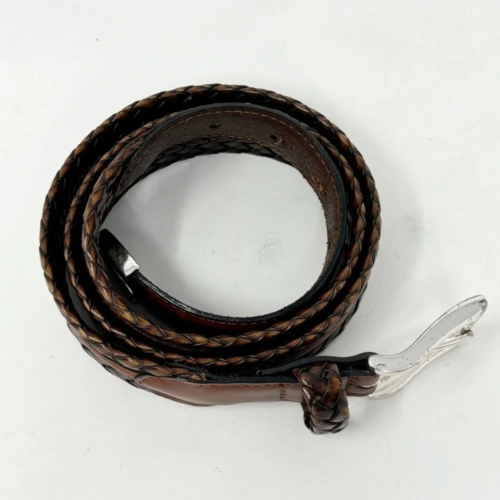 Two Tone Brown Leather Woven Waist Belt Men’s Silver Hardware Size 37” - 41”